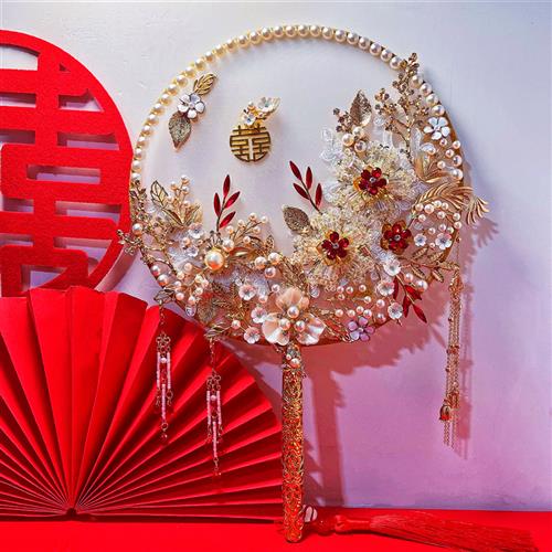中式金色红色双面团扇diy材料包成品新娘结婚龙凤秀禾服手捧花束