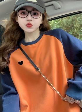 IT UNDER GARDEN 橙色拼接纯棉套头卫衣女秋季复古撞色宽松插肩袖