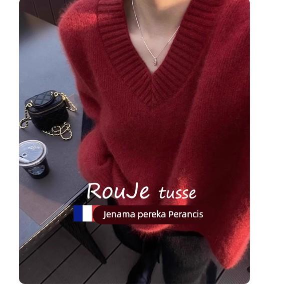 Rouje tusse慵懒风新年圣诞红色羊绒v领毛衣女秋冬宽松羊毛针织衫