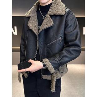 LL男装外套男秋冬夹克潮牌2024年新款休闲皮毛一体皮衣羊羔绒棉服