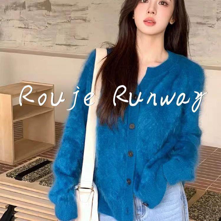 法式Rouje Runway高级感蓝色水貂绒毛衣外套女宽松慵懒风针织开衫