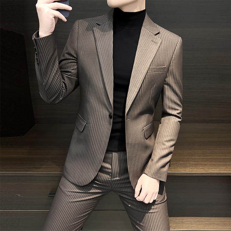 TWG条纹西服套装男士韩版修身商务正装高级感休闲小西装结婚礼服