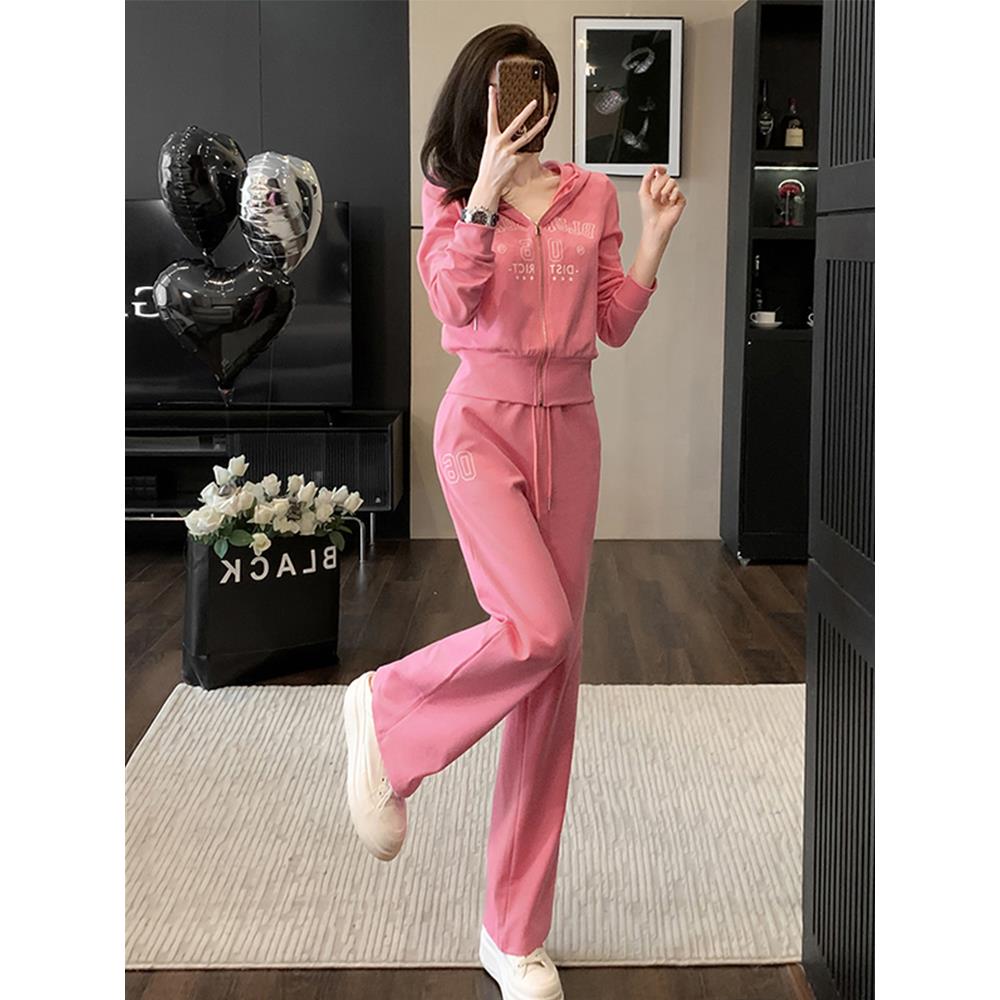 欧洲站春秋款套装女两件套时尚气质2025休闲粉色卫衣阔腿裤运动服