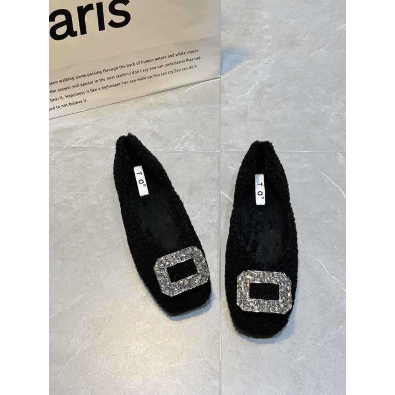 潮牌黑色毛毛鞋女秋冬季加绒法式温柔晚晚水钻方扣轻奢单鞋豆豆鞋