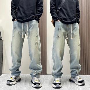 男复古作旧抽绳休闲拖地裤 加绒直筒显瘦牛仔裤 BIAS春季 neith
