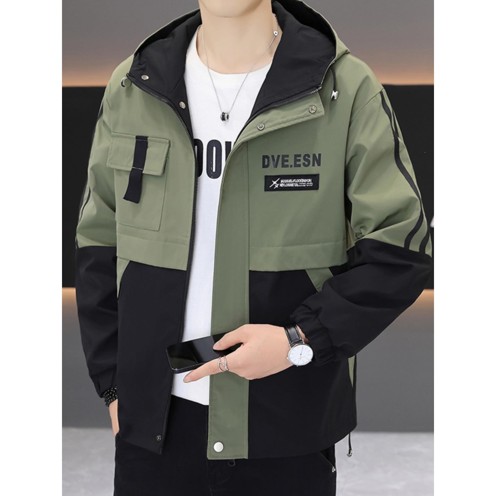 2025春秋季拼色连帽冲锋衣男士潮牌宽松休闲外套百搭新款工装夹克