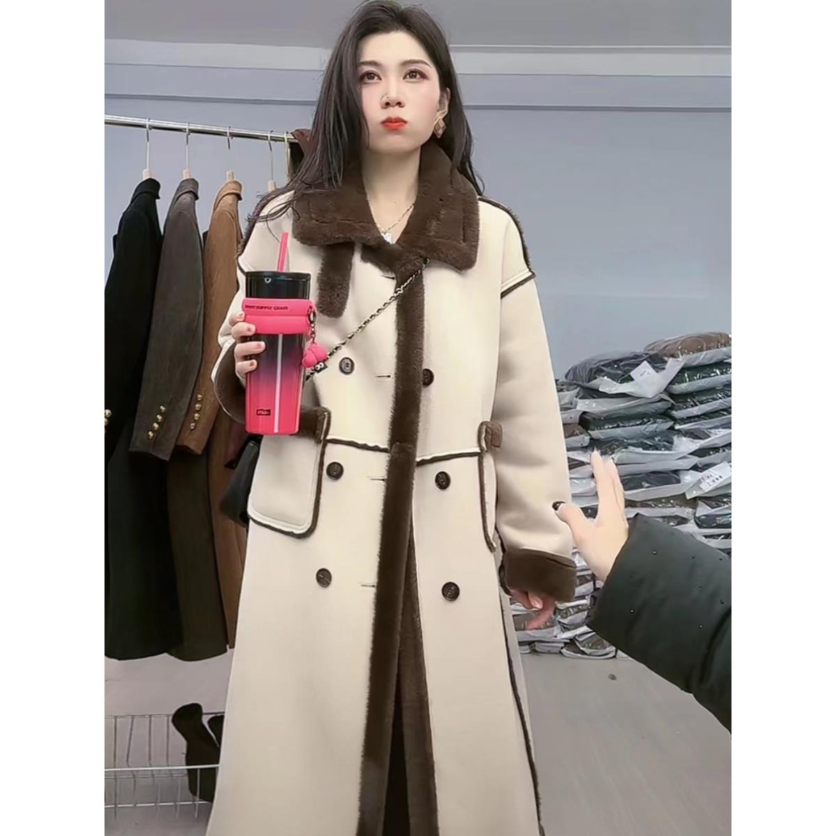 香港皮毛一体外套女冬新款麂皮绒羊羔毛宽松显瘦加厚长款皮草大衣