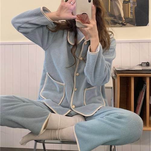 浪漫元气的云朵蓝！！Orange Sea！撞色摇粒绒娃娃领睡衣女秋冬季