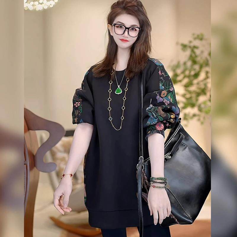 欧洲站宽松中长款圆领加绒卫衣女2025年冬季新款大码黑色外套上衣