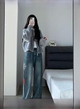 Rouje tuss秋冬针织衫灰色羊绒毛衣开衫女灰色显瘦圆领羊毛上衣