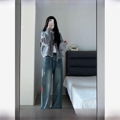 Rouje tuss秋冬针织衫灰色羊绒毛衣开衫女灰色显瘦圆领羊毛上衣