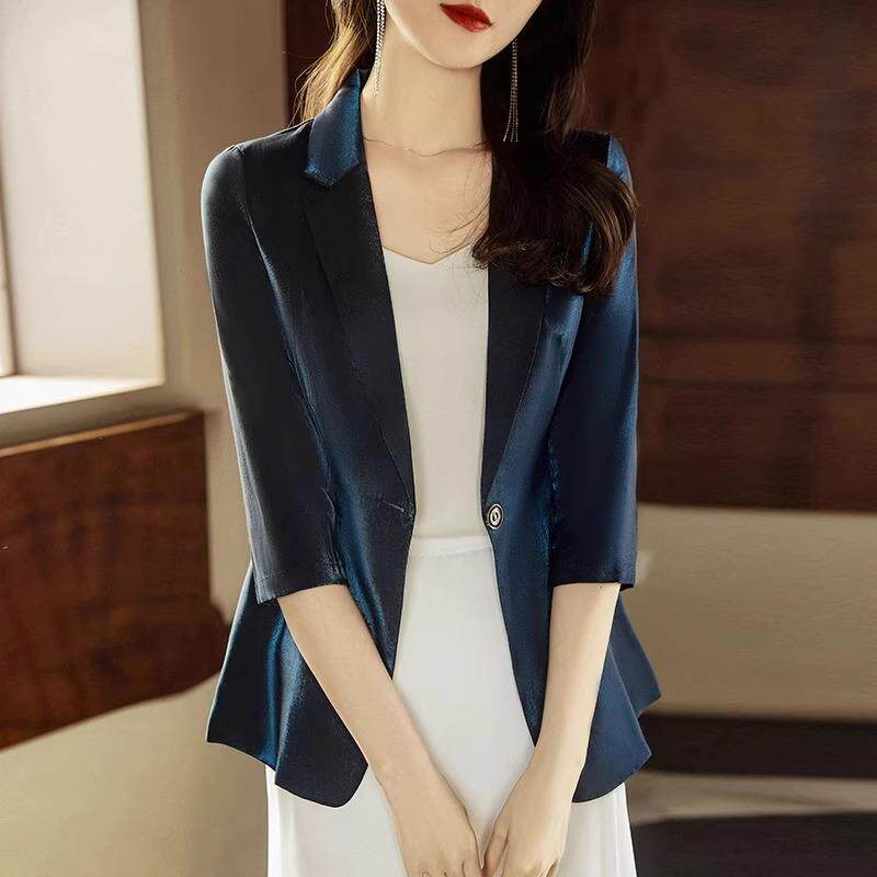 真丝缎面西装外套女秋季薄款桑蚕丝职业气质显瘦七分袖西服ZX068