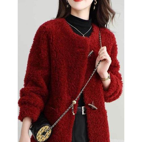 YENR 羊羔毛皮毛短款皮草大衣 外套冬羊毛绒女~时尚简约新年红
