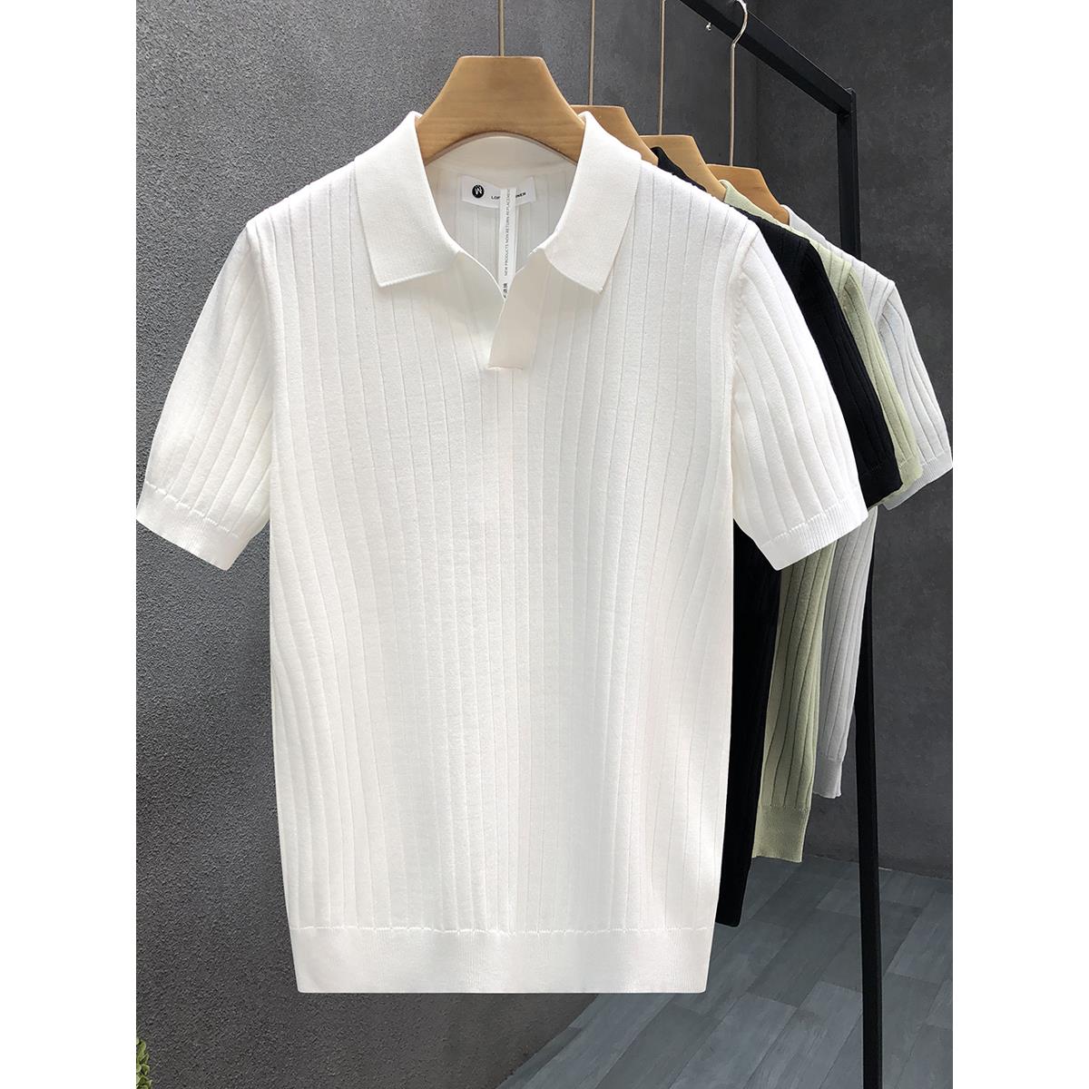 法式『设计师』一眼就爱上！轻熟翻领薄款冰丝百搭针织短袖t恤男