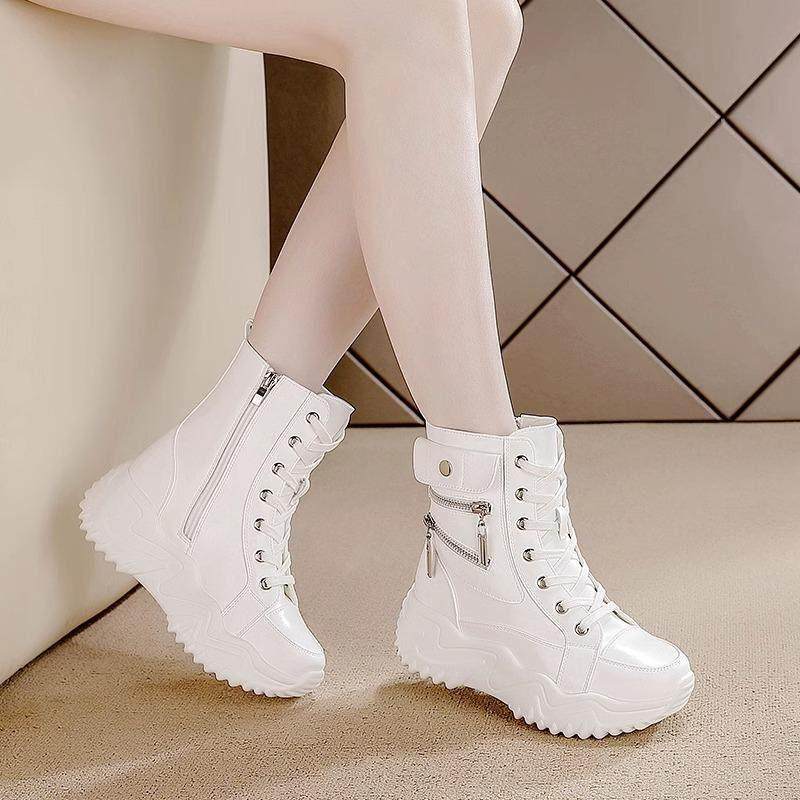 白色内增高真皮马丁靴子女2025新款春秋厚底棉鞋英伦风小个子短靴