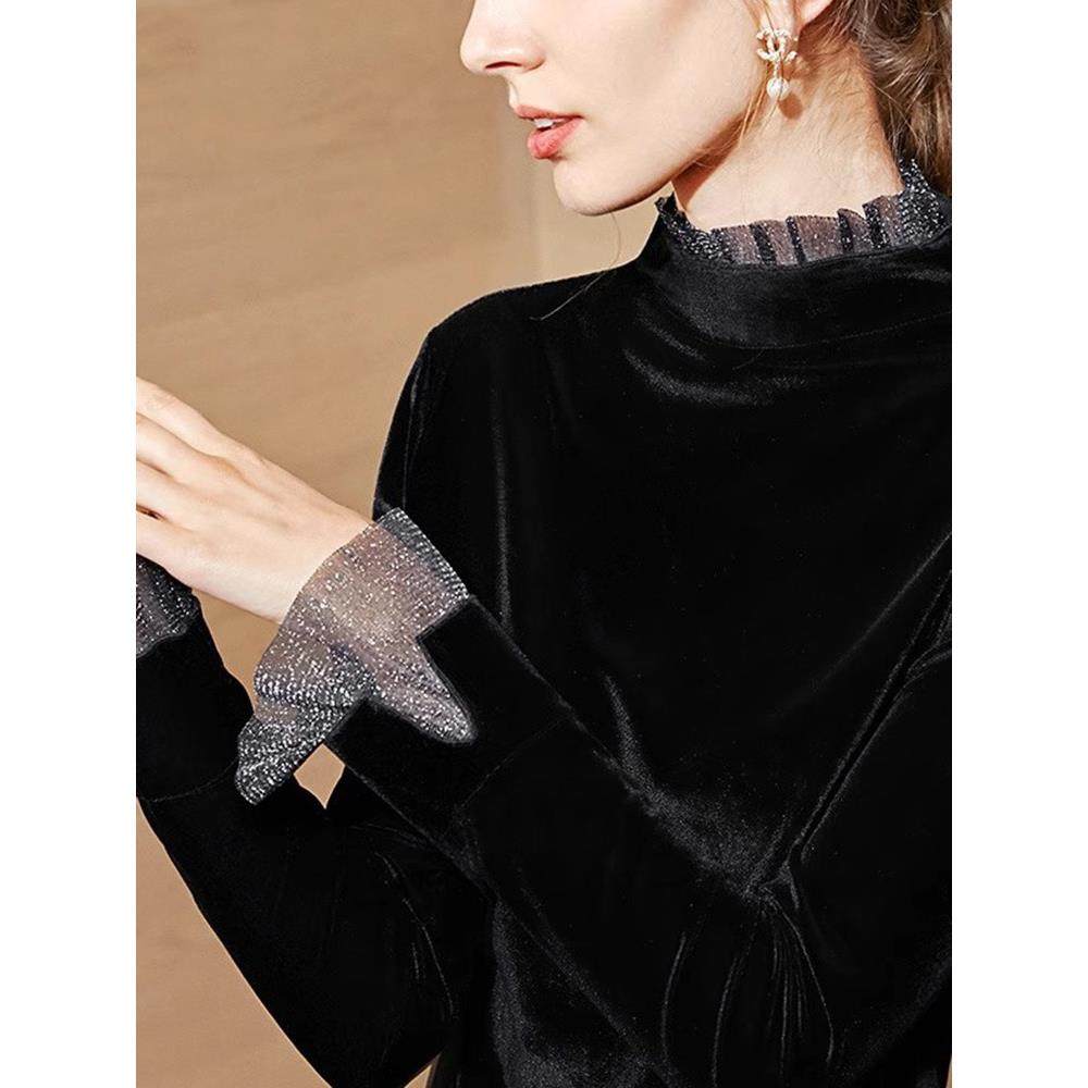 黑色长袖t恤女装春秋款2025新款网纱上衣内搭加绒金丝绒打底衫