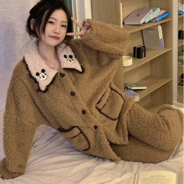 温暖的焦糖摩卡！！Orange Sea！卡通娃娃领珊瑚绒睡衣女秋冬保暖