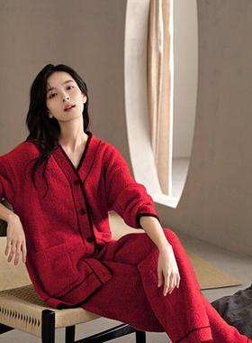 浪漫的收藏家「Daily Gtra」半边绒睡衣女冬季珊瑚绒红色结婚套装