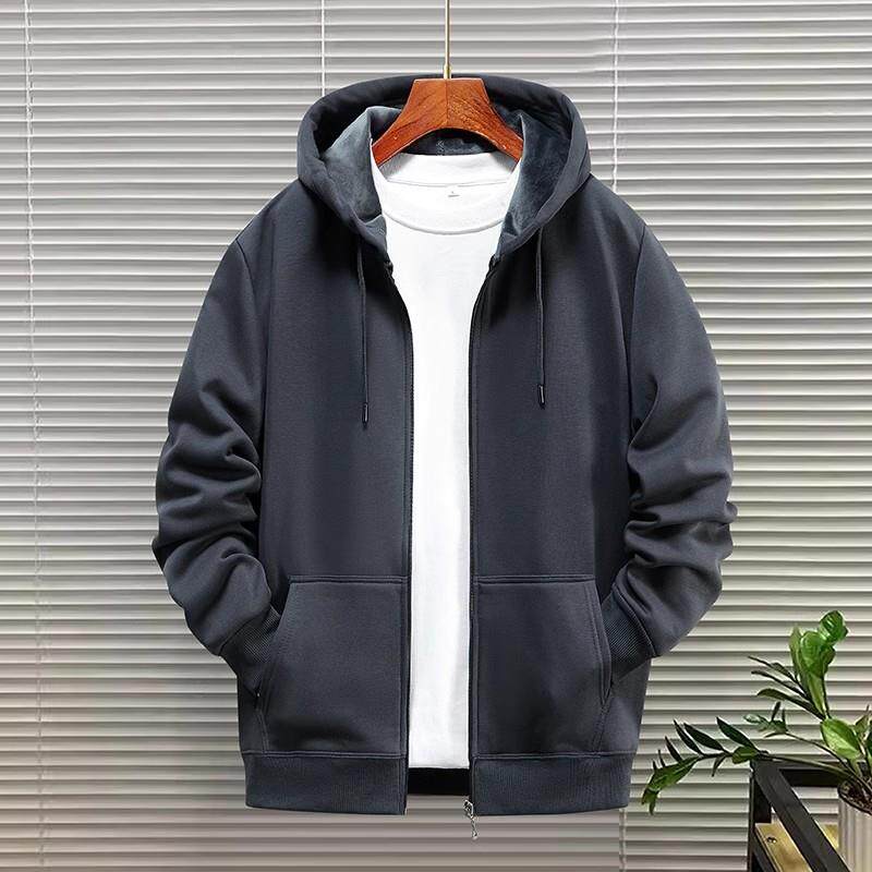 加绒加厚连帽开衫男女款春秋季新款宽松休闲拉炼纯色百搭卫衣外套
