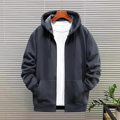 加绒加厚连帽开衫男女款春秋季新款宽松休闲拉炼纯色百搭卫衣外套