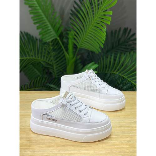 香港小白鞋女2025夏季包头半拖鞋真皮网面一脚蹬厚底内增高8cm鞋