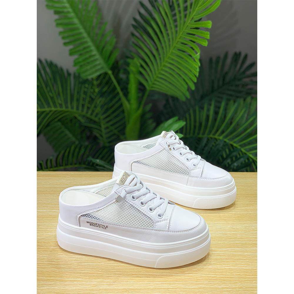 香港小白鞋女2025夏季包头半拖鞋真皮网面一脚蹬厚底内增高8cm鞋