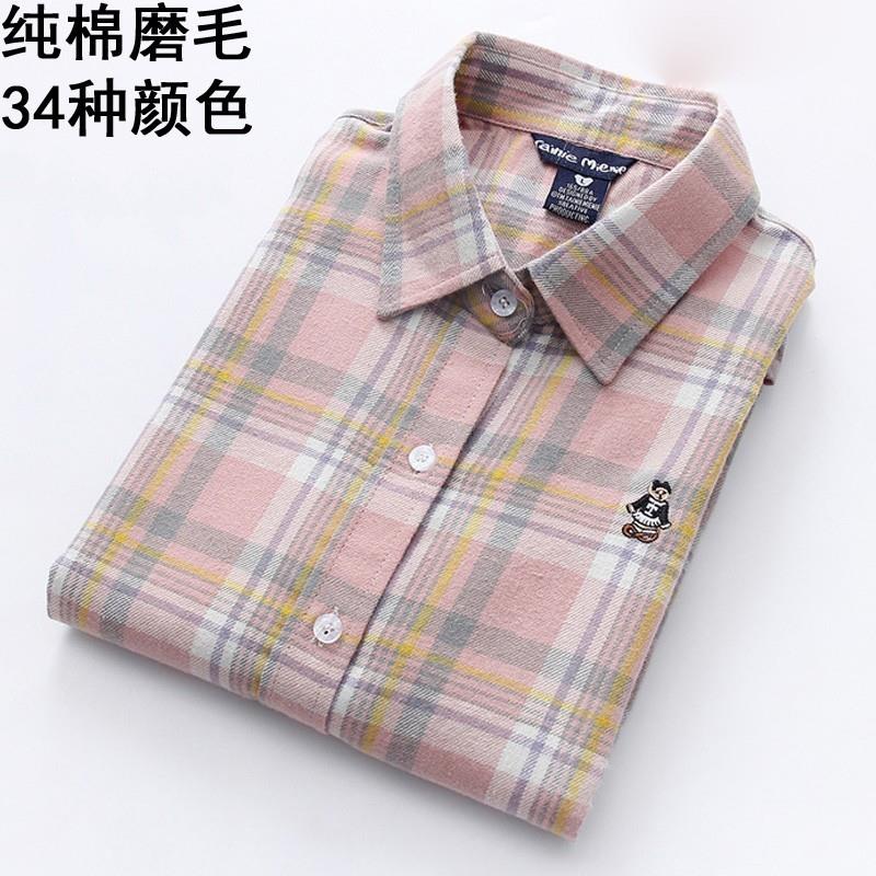 韩国新款磨毛纯棉格子衬衫女春秋长袖小熊学院生休闲百搭打底外套