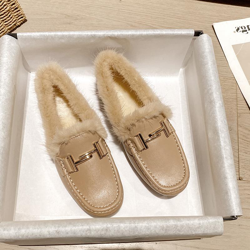 香港真皮软底乐福鞋女2025新款加绒毛毛鞋一脚蹬豆豆鞋休闲小皮鞋