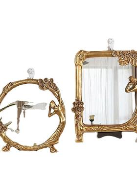 欧式轻奢树脂浮雕金色侍女镜化妆镜复古树脂拍照道具少女梳妆镜子