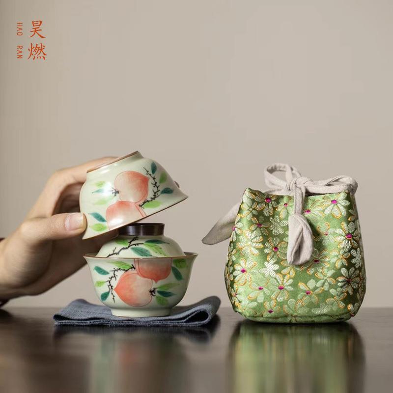 昊燃旅行茶具套装一人饮盖碗茶杯功夫茶具户外便携收纳手绘快客杯