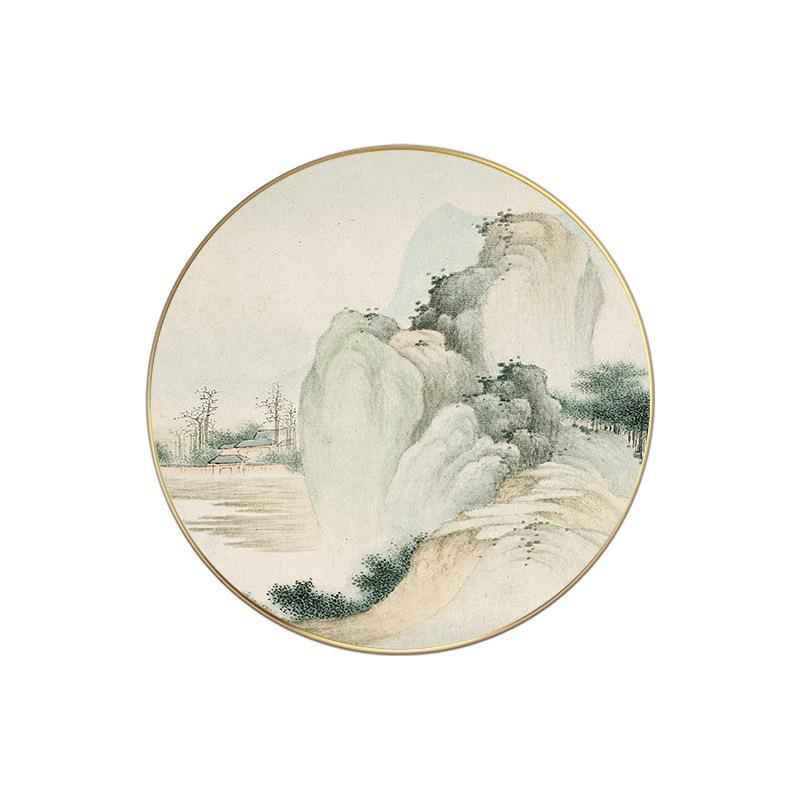 新中式茶室圆形装饰画客厅玄关山水画水墨国画禅意挂画中国风壁画