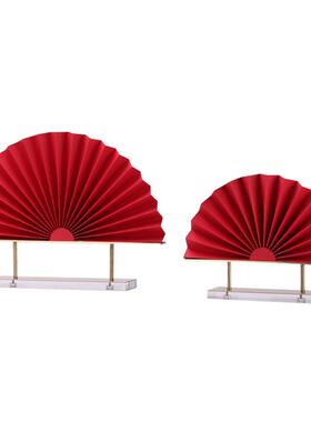 禅意新中式现代金属亚克力红色扇子折纸摆件客厅茶几书房艺术摆设