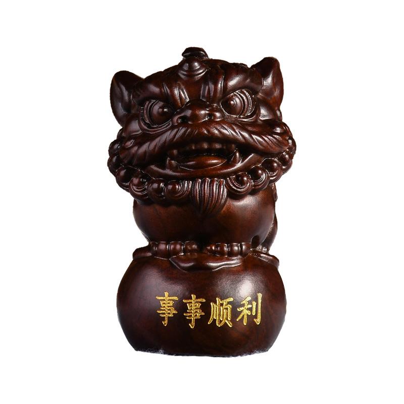 黑檀实木瑞兽醒狮手把件小号可爱风装饰配件把玩件客厅书房工艺品