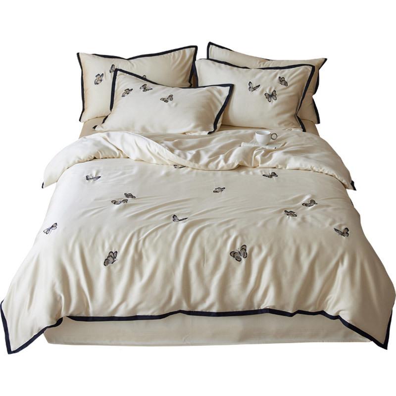 奢风100S轻天6X2四件套少女心蝴用蝶刺绣凉感被套床单丝款床上品