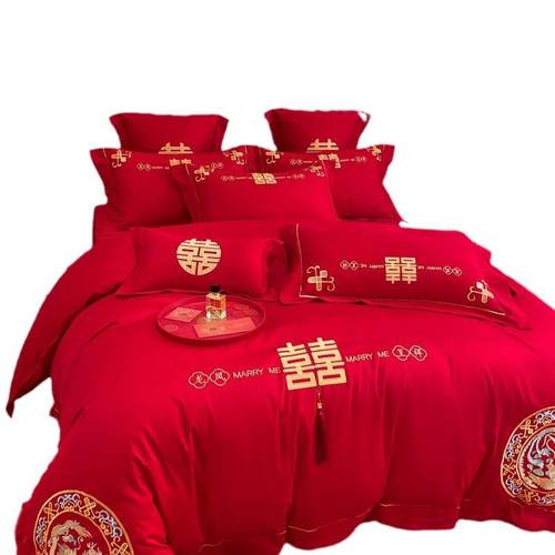 婚庆四件套大红色刺绣结婚床上用品新婚婚房喜被套件龙凤4