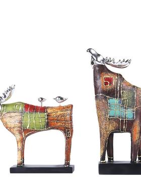 油画鹿动物家居装饰品酒店民宿创意摆件办公室桌面树脂工艺品