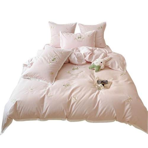 家纺秋冬全棉陶瓷磨毛四件套少女卡通风小兔加厚被套床上用品