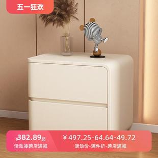 现代简约床头柜奶茶风卧室实木床边柜轻奢超纤皮落地床头置物矮柜