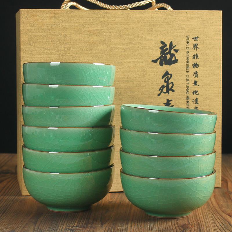 龙泉青瓷冰裂纹米饭碗10个礼盒装哥窑陶瓷碗中式家用餐具送礼套装