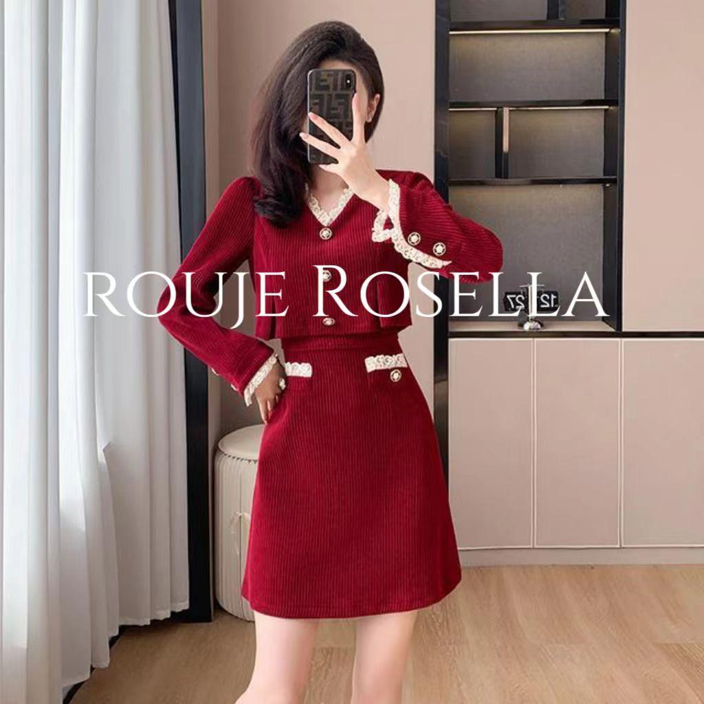 法国Rouje Rosella法式减龄连衣裙女名媛灯芯绒赫本风时尚套装