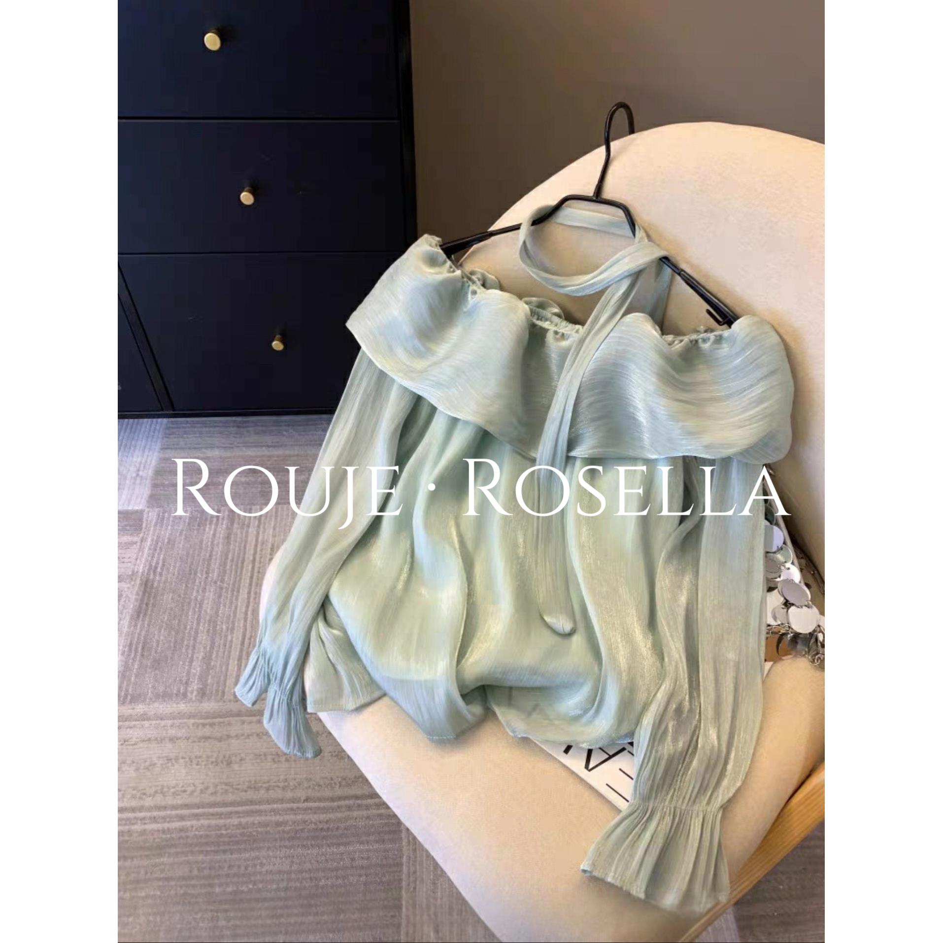 法国Rouje Rosella⭐一字肩长袖衬衫女春夏荷叶边衬露肩缎面上衣