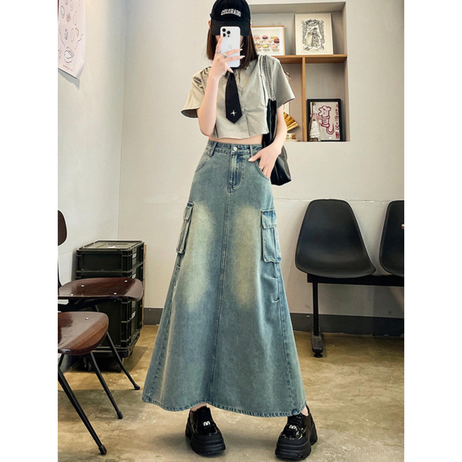 SPYB覆古牛仔半身裙女春秋季新款高腰大口袋工装开叉A字包臀长裙