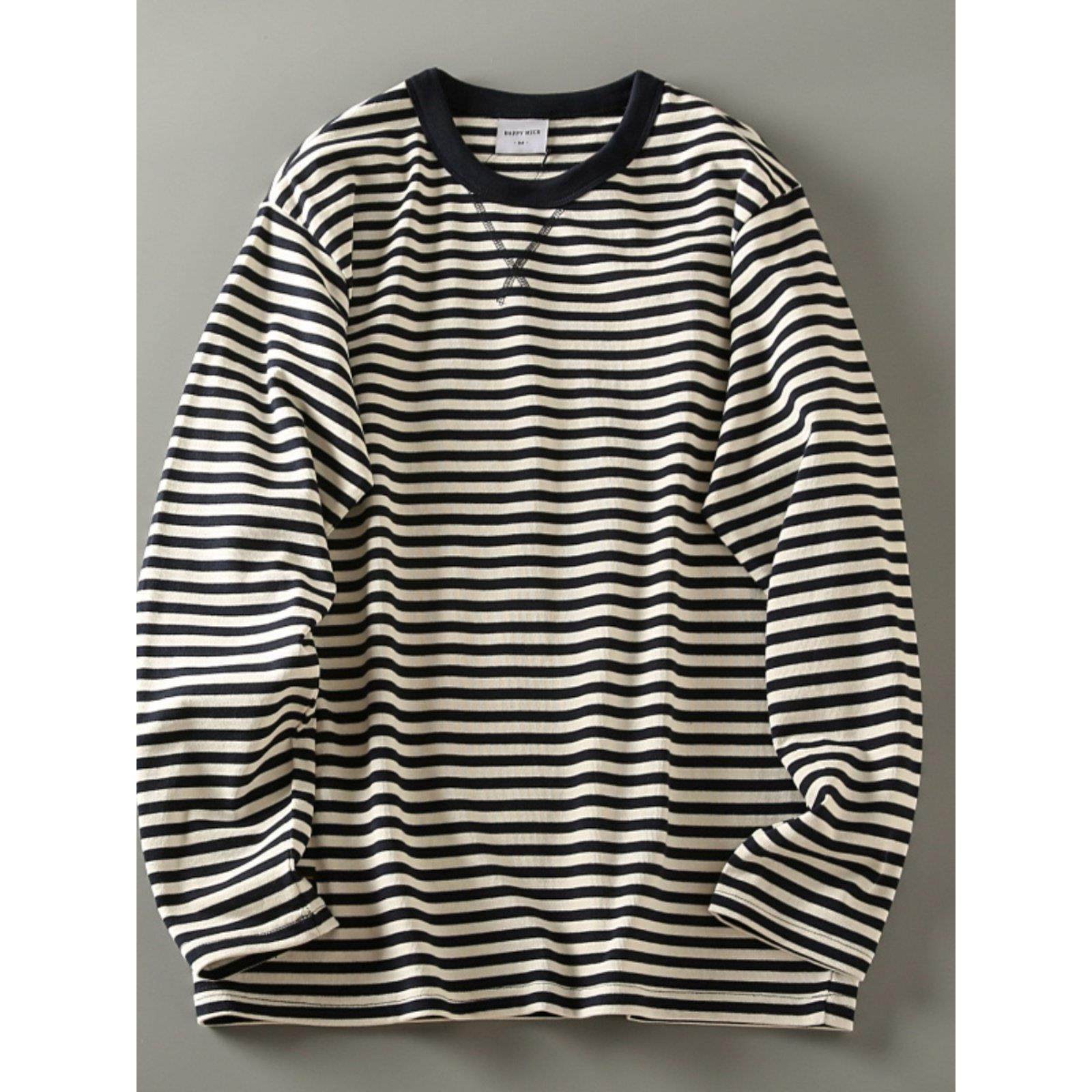 Home Daily 春秋季海魂条纹T男圆领百搭全棉水洗长袖T恤打底衫潮