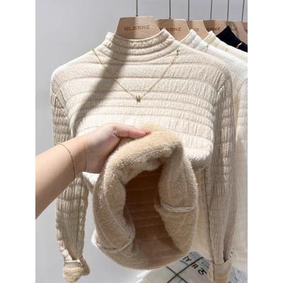 加绒加厚水貂绒毛衣女秋冬2025新款一体绒半高领针织打底衫女内搭