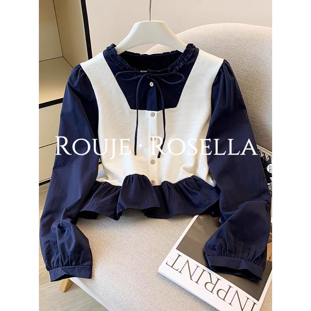法国Rouje Rosella甜美气质假两件长袖衬衫女荷叶边喇叭袖上衣