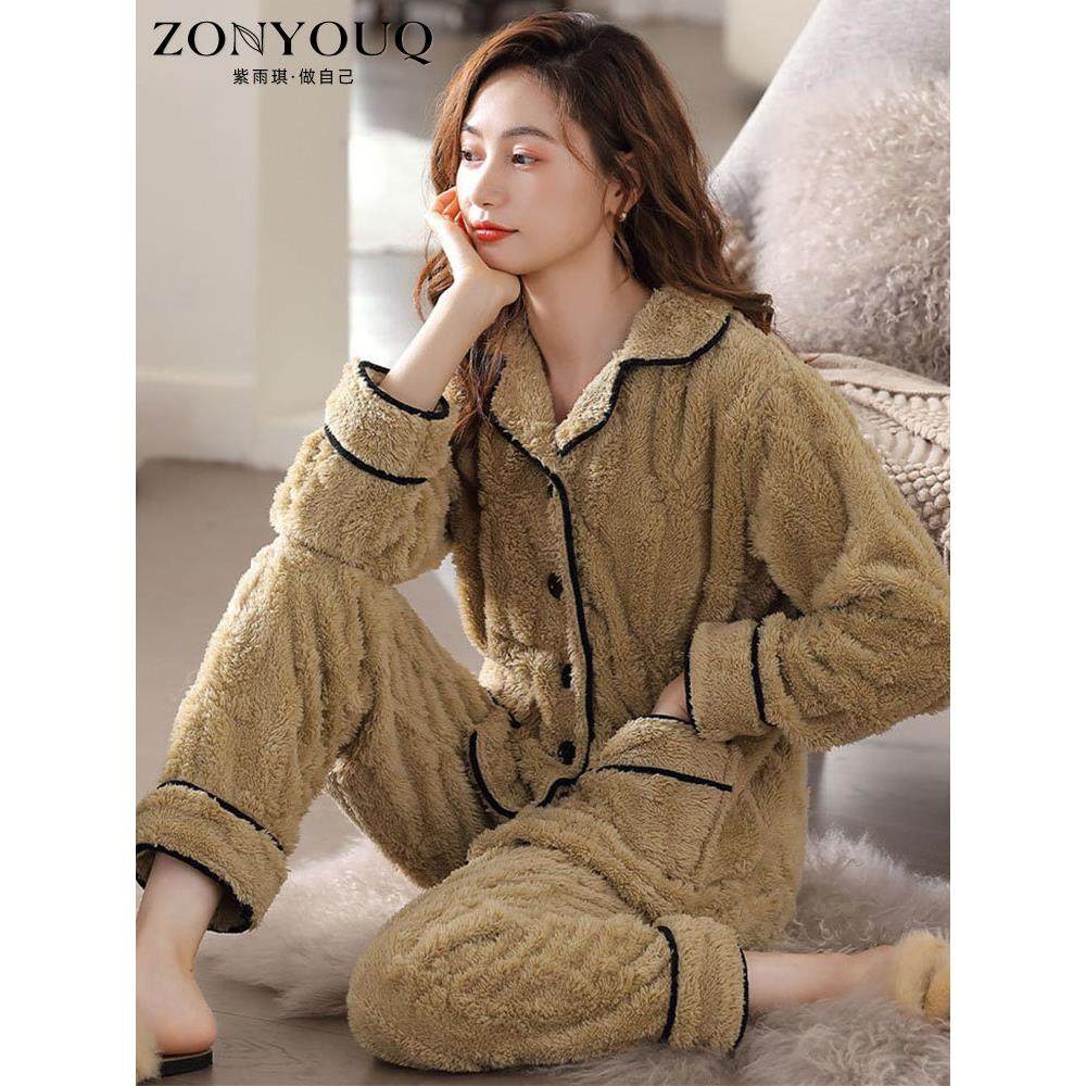 紫雨琪法兰绒睡衣女冬季款加绒加厚保暖珊瑚绒长袖开衫高档家居服