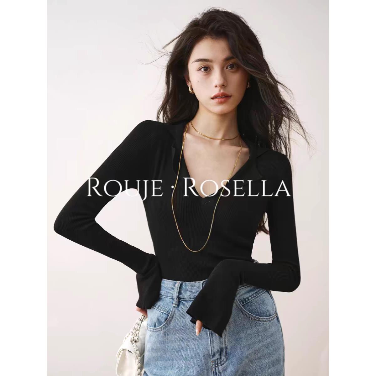 法国Rouje Rosella显瘦法式V领修身针织打底衫女喇叭袖百搭上衣