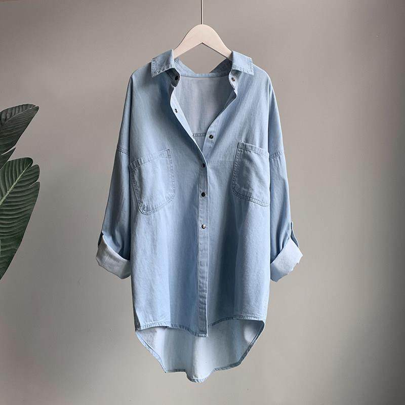 潮牌中长版牛仔衬衫女2025年春秋新款宽松牛仔蓝休闲长袖上衣外套,女装/女士精品,大码连衣裙,淘宝优惠券,粉丝福利购,淘宝优惠卷