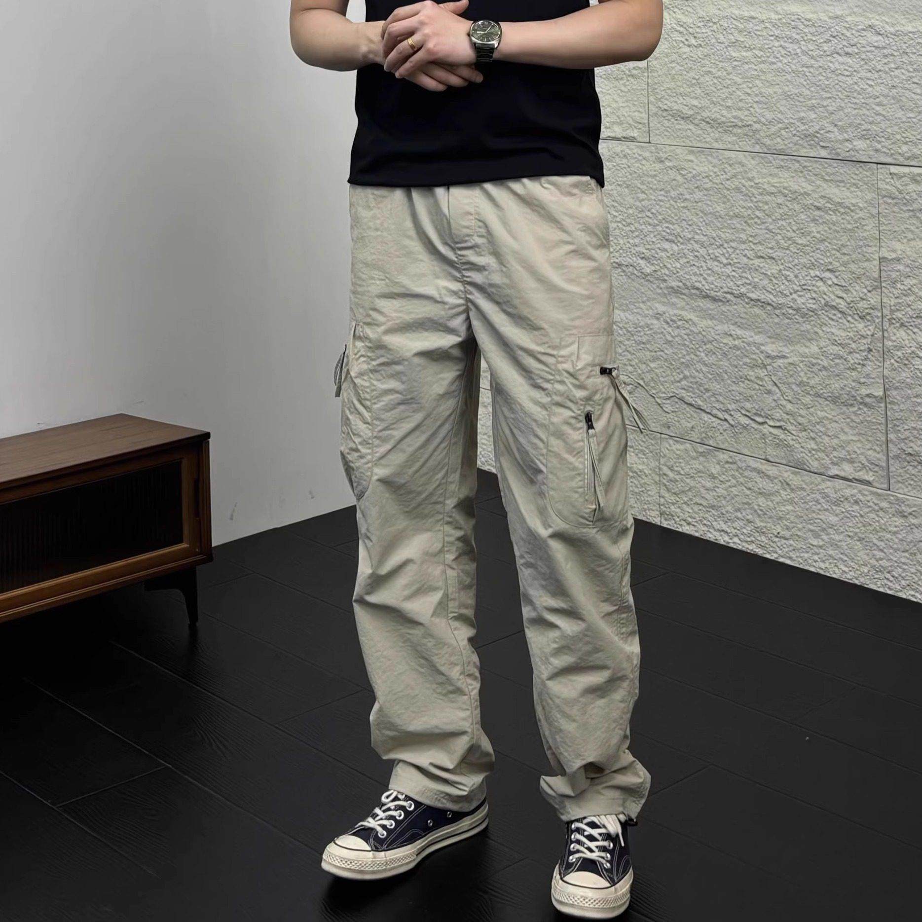 IT ins潮牌美式工装裤男春夏肌理感立体裁剪多口袋拼接直筒休闲