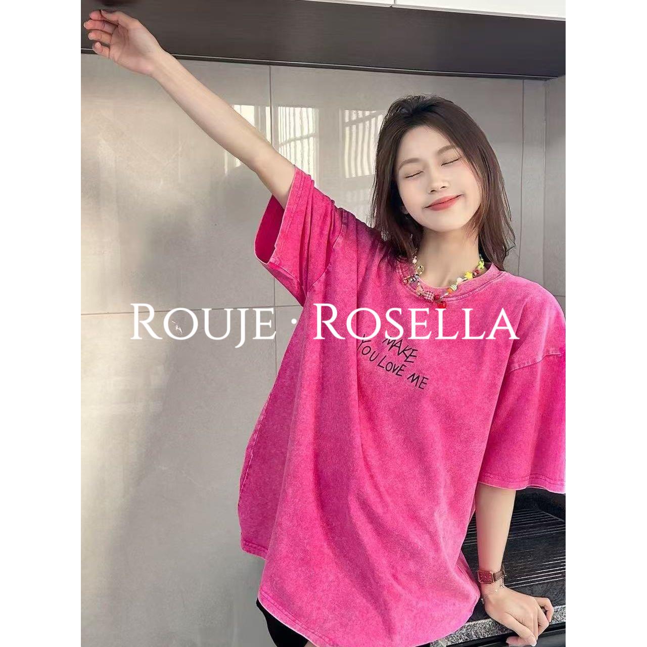 法国Rouje Rosella卡通印花粉色短袖t恤衫女夏季新款宽松上衣